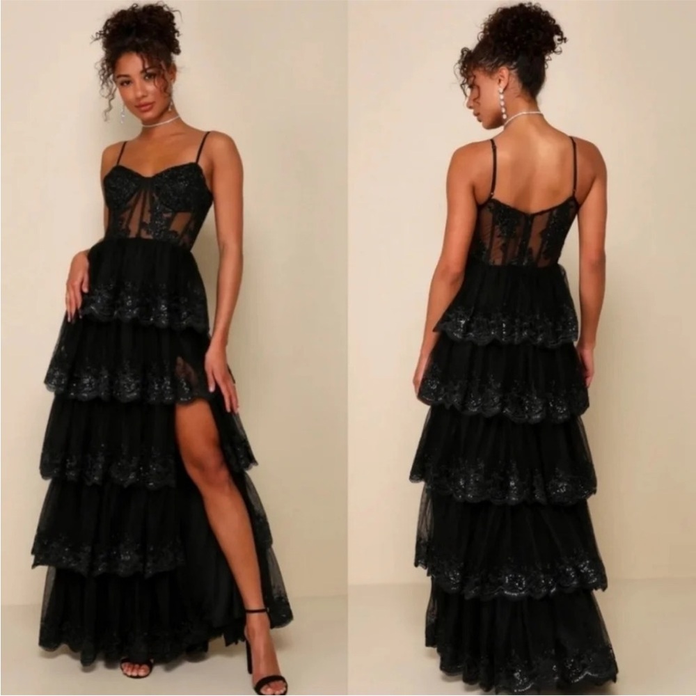 Lulus Alluring Sensation Black Tulle Embroidered Tiered Maxi corset dress
